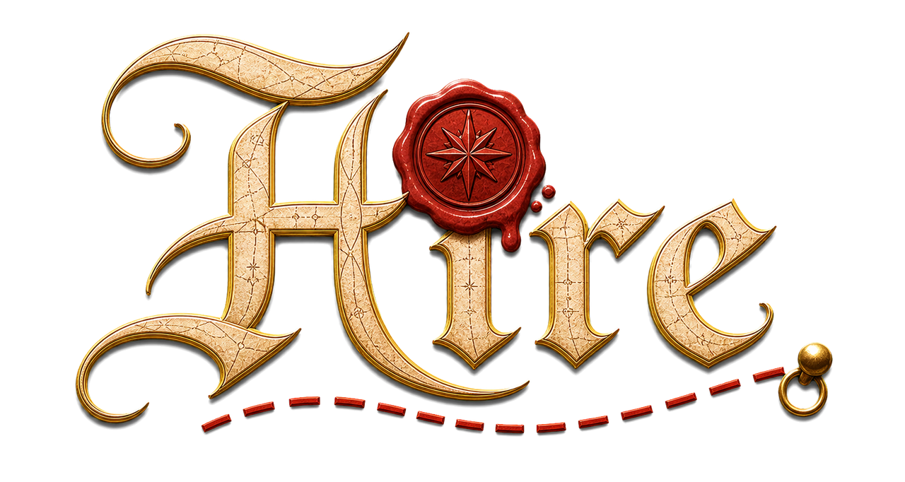 Hire — game logo, an ornate gold wordmark sealed with red wax
